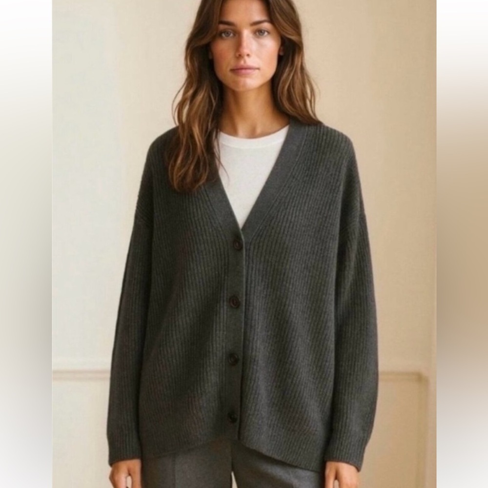 $475 Jenni Kayne Cashmere Cocoon Cardigan charcoal size XS oversized boxy Vneck - Picture 1 of 12